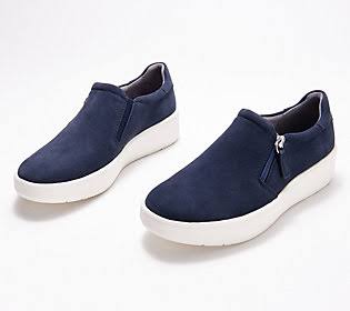 Clarks Collection Slip-On Sneakers - Layton Step, Size 9 Wide, Navy Suede