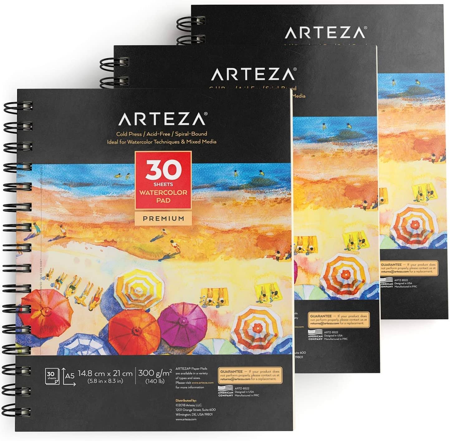 Arteza Watercolour Paper Pad A5 (14.8 x 21 cm), 3 Pack, 90 Sheets, 300GSM Watercolour Paper, Spiral Bound, 30 Sheets Each, Cold-