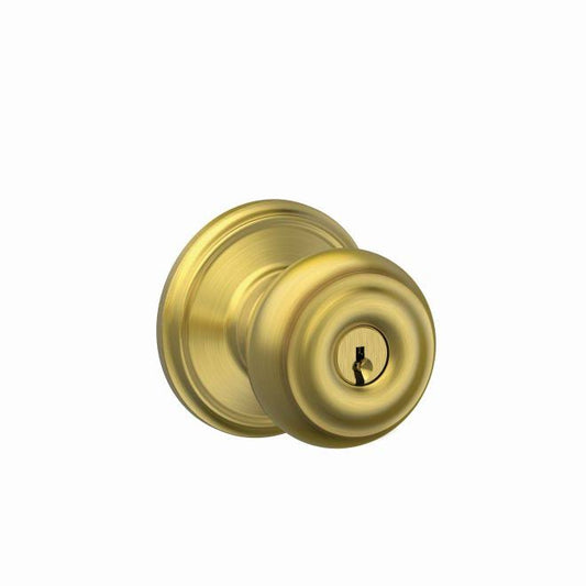 Schlage Residential F51A Geo 608 Georgian Knob Keyed Entry Lock C Keyway with 16211 Latch and 10063 Strike Satin Brass Finish