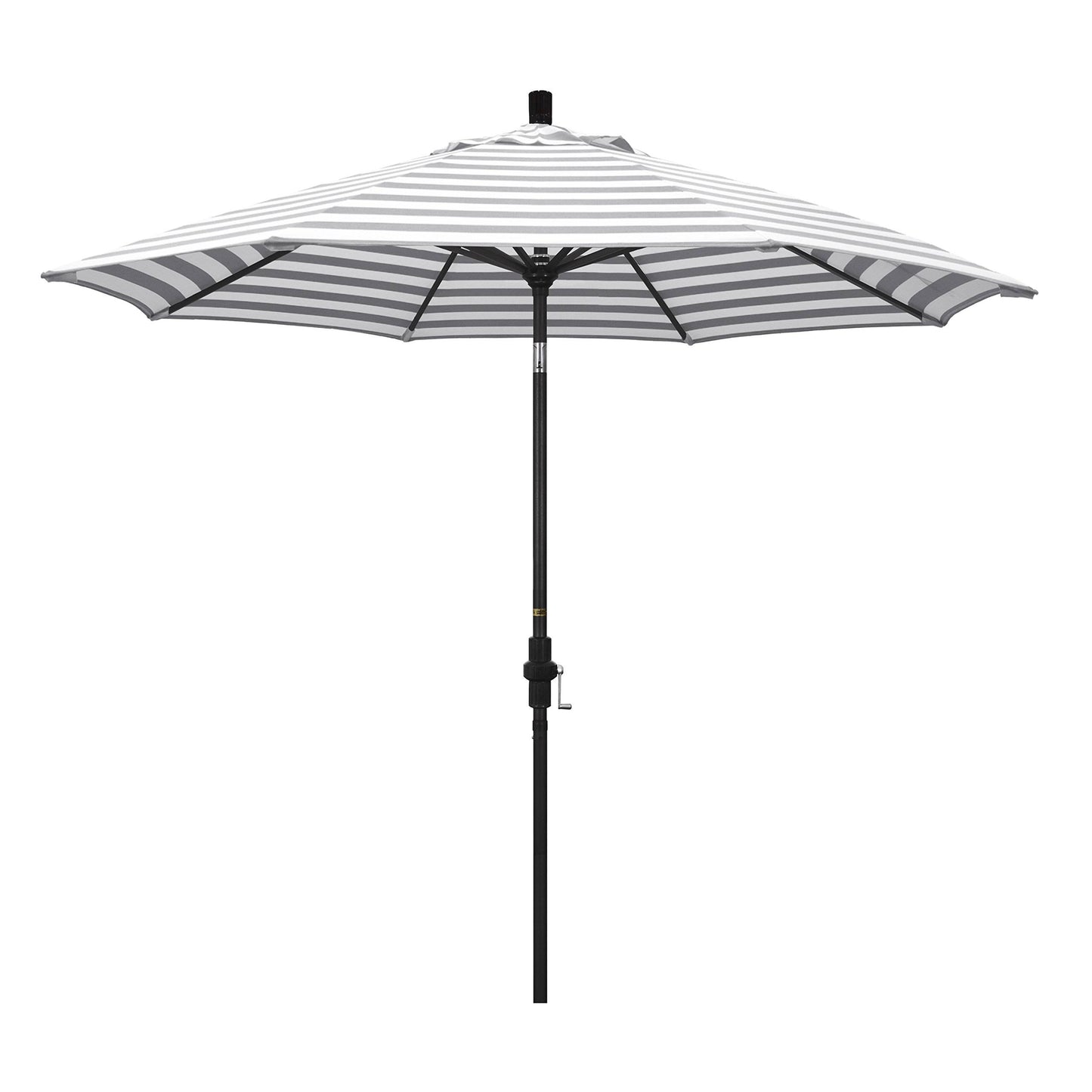 California Umbrella Patio Umbrella 9 ft Aluminum Market Collar Tilt Matted Black Gray White Stripe