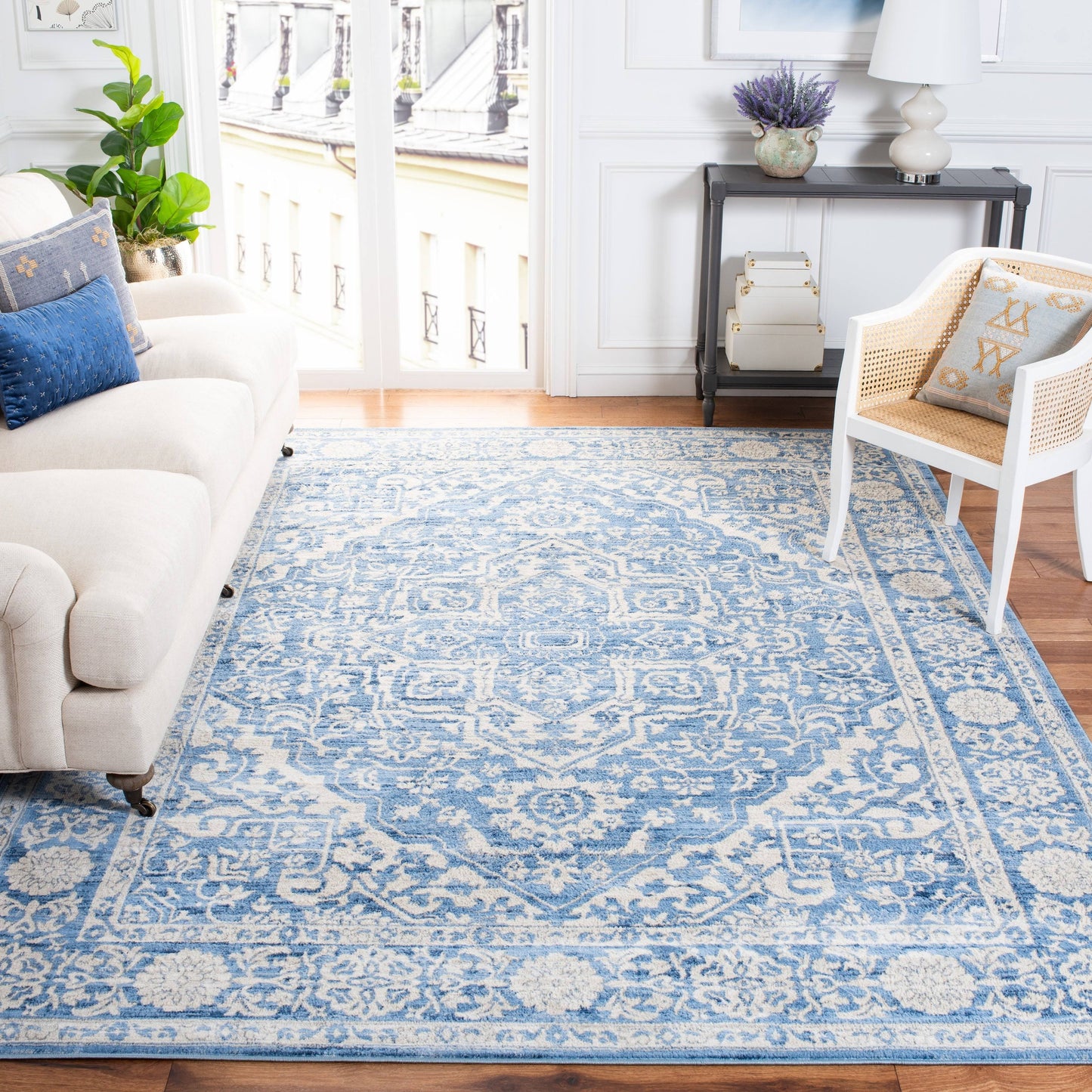 Safavieh Brentwood Collection BNT832A Medallion Distressed Area Rug, 9 x 12, Ivory / Navy