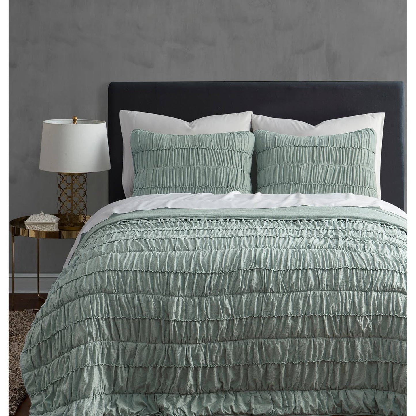 Ultra Soft Garment Wash Rouched Texture 3-Piece Quilt Bedding Set - Mint Green - King