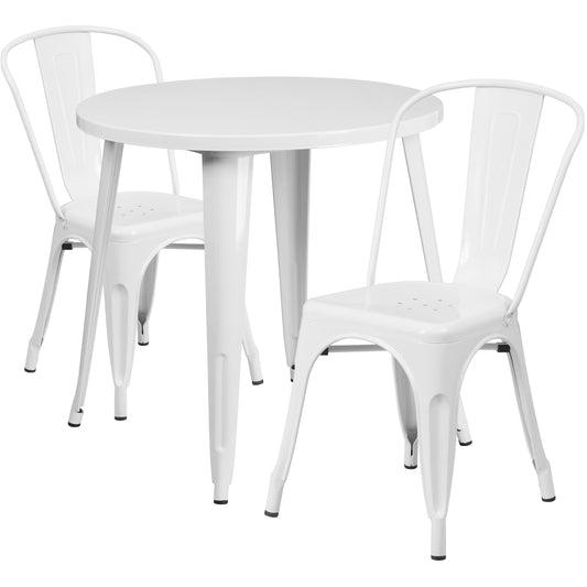 Flash Furniture 30 Round Metal Indoor-Outdoor Table Set with 2 Cafe Chairs/White