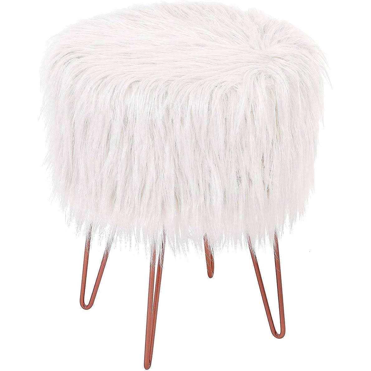 Birdrock Home Faux Fur Foot Stool Ottoman with Hair Pin Legs - White