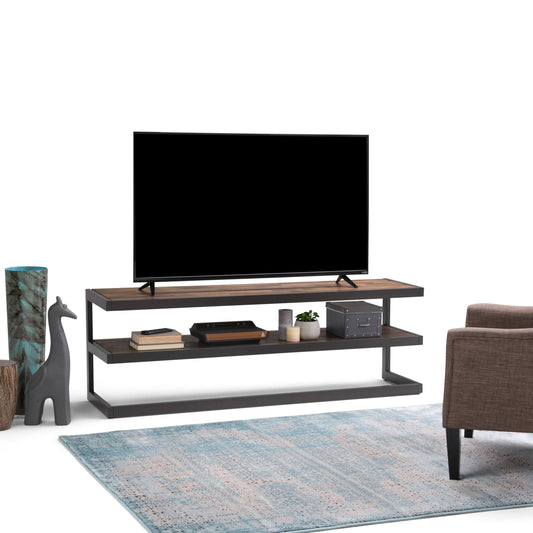 Wyndenhall Cecilia Solid Acacia Wood 66 in Wide Modern Industrial TV Media Stand in Rustic Natural Aged Brown for TVs Up