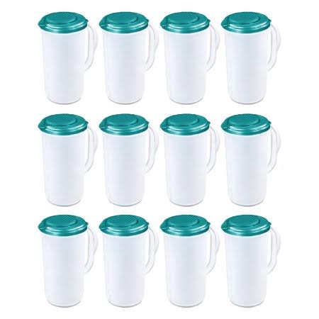 Sterilite 2 Quart Plastic Pitcher Round Push Top Clear with Colored Lid, 12 Pack, Size 2 qt