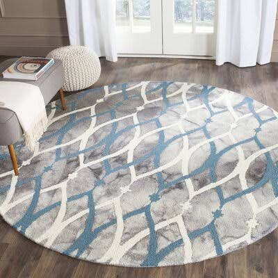 Amekia Geometric Handmade Tufted Wool Gray/White/Blue Area Rug Mercer41 Rug Size  Round 5