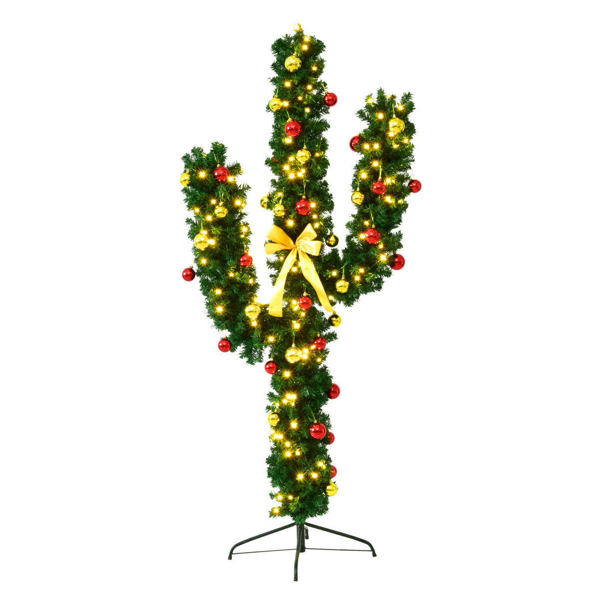 Costway 5ft Pre-Lit Cactus Christmas Tree LED Lights Ball Ornaments