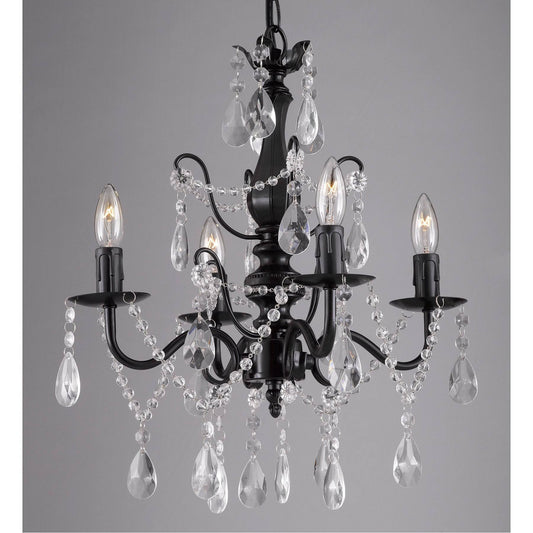 Wrought Iron and Crystal Black 4-Light Chandelier Pendant - Black