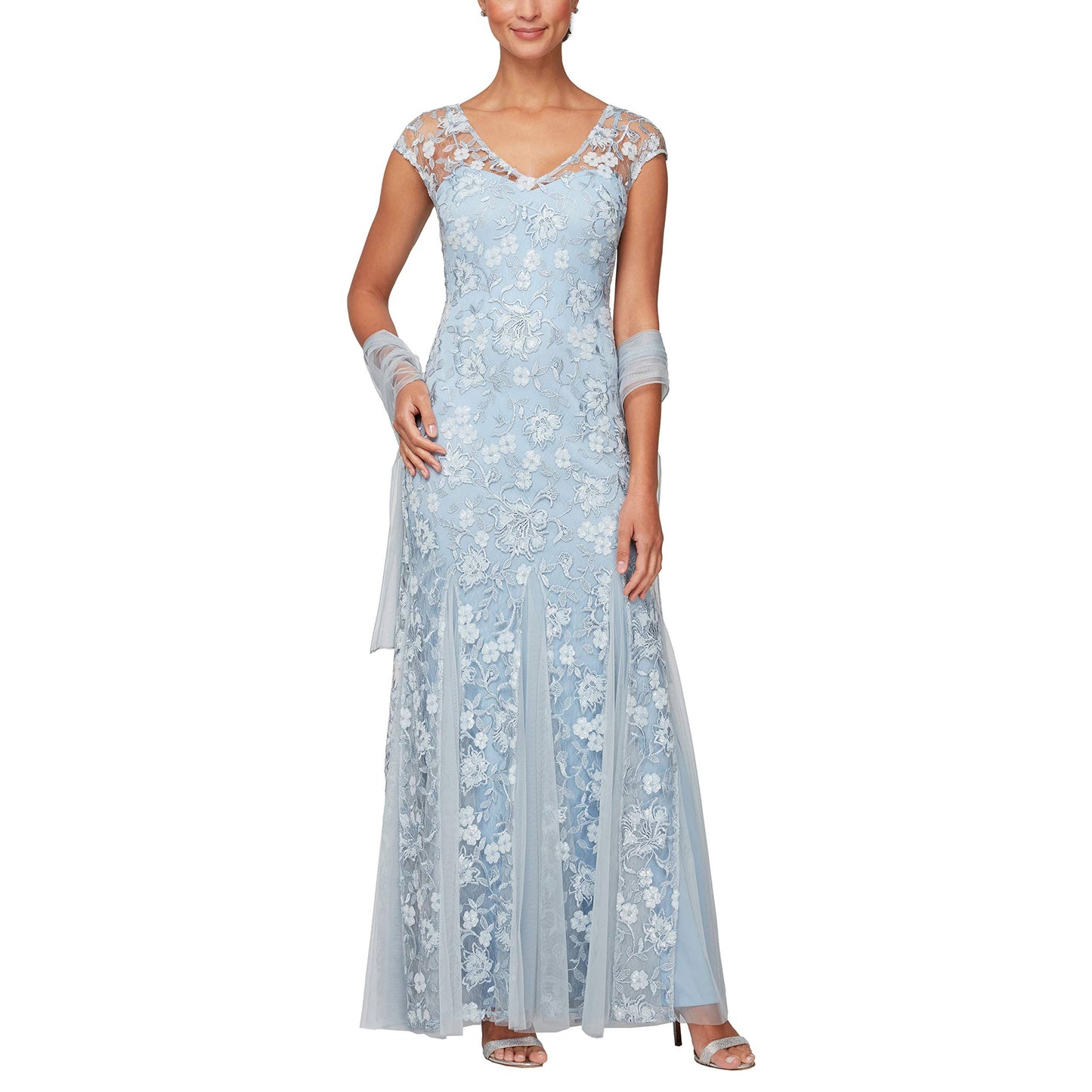 Alex Evenings Cap Sleeve V-Neck Embroidered Floral Gown - 14