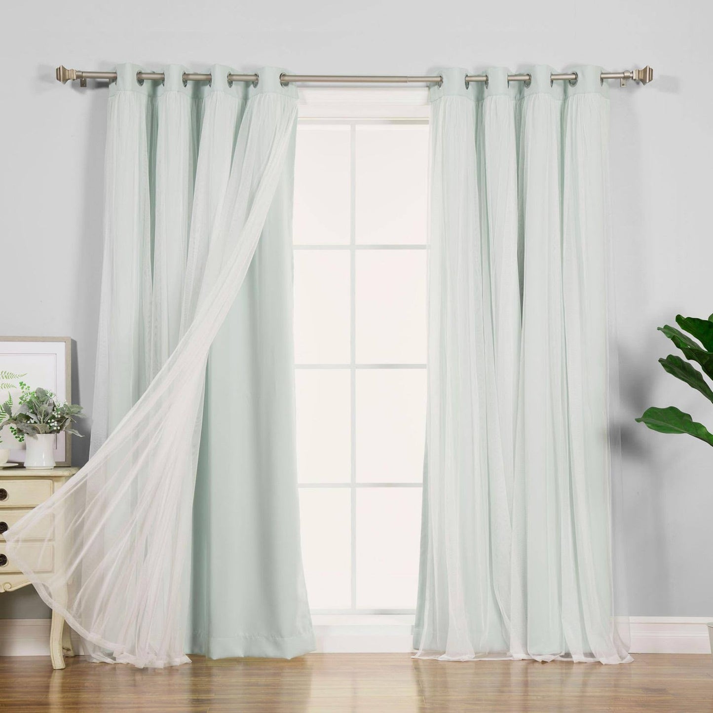 Best Home Fashion Marry Me Blackout Grommet Curtain Panel Pair with Tulle Overlay Mint