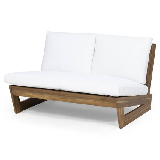 Roy Outdoor Acacia Wood Loveseat with Cushions, Teak and White