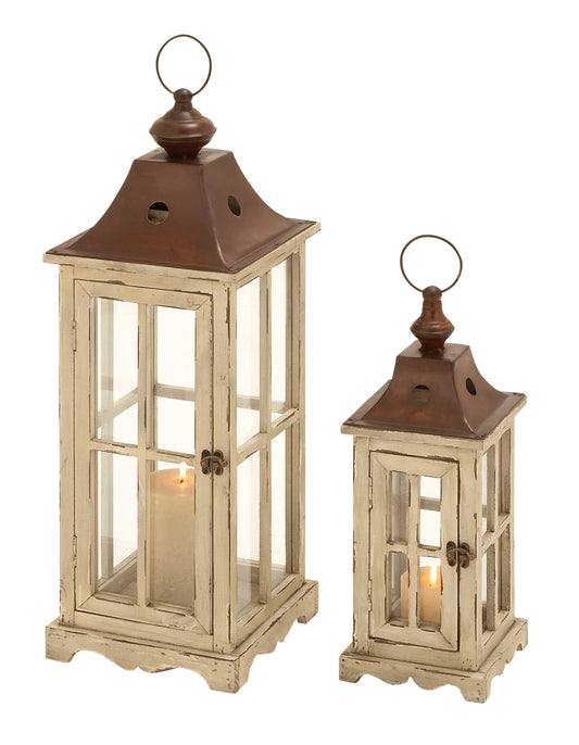 ( Set of 2 ) Cream Wood Coastal Lantern, 26