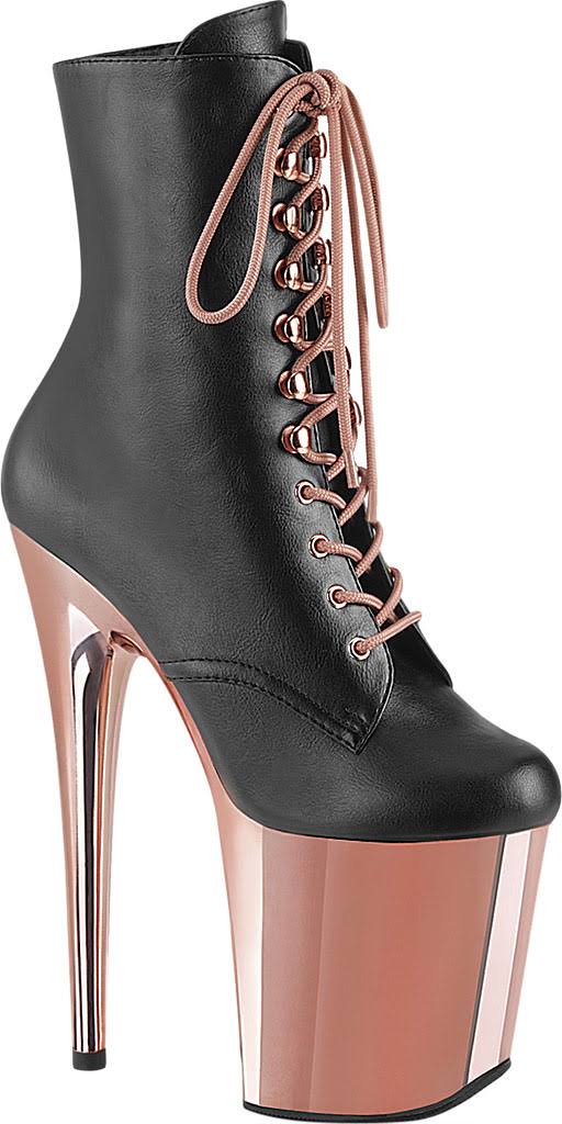 Pleaser FLAMINGO-1020 Series 8in Heel Ankle-High Boot - Black Faux Leather/Rose - 5