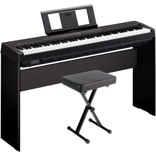 Yamaha P45 88-Key Weighted Digital Piano Home Bundle with Wooden Furniture Stand and Bench Black