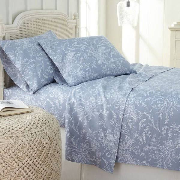 Southshore Fine Linens Winter Brush Botanical Print Deep Pocket Sheet Set - King - Blue w/ White Flowers