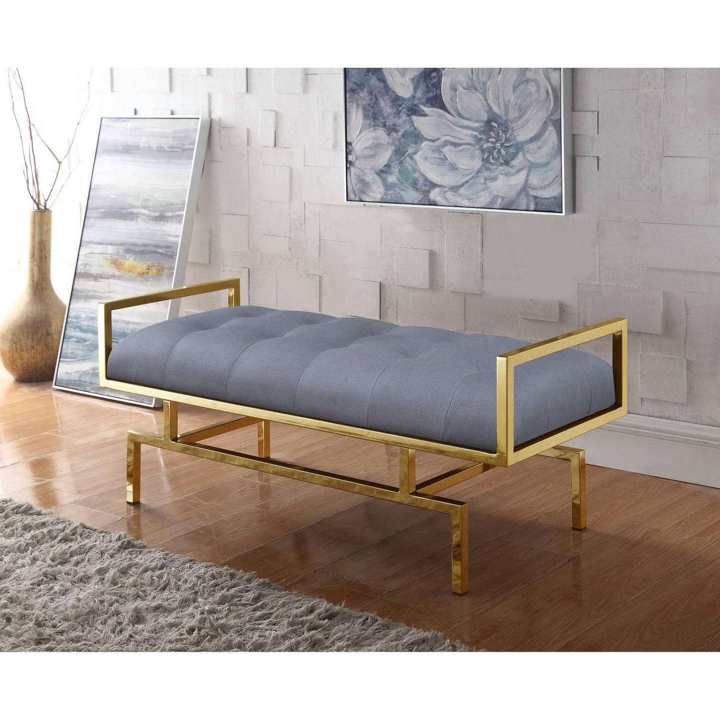 Chic Home Bruno PU Leather Modern Contemporary Tufted Seating Goldtone Metal Leg Bench, Grey