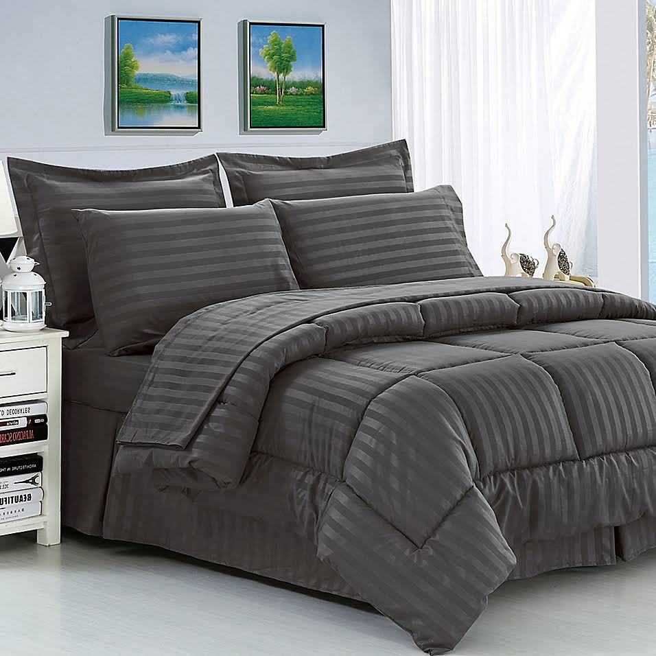 Elegant Comfort Dobby Stripe 8-Piece Full/Queen Comforter Set in Grey