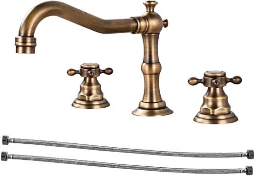 Aolemi Bathroom Sink Faucet Antique Brass Widespread Double Cross Handle Knobs 3 Hole Lavatory Mixer Tap Deck Mount ZHSLWHL