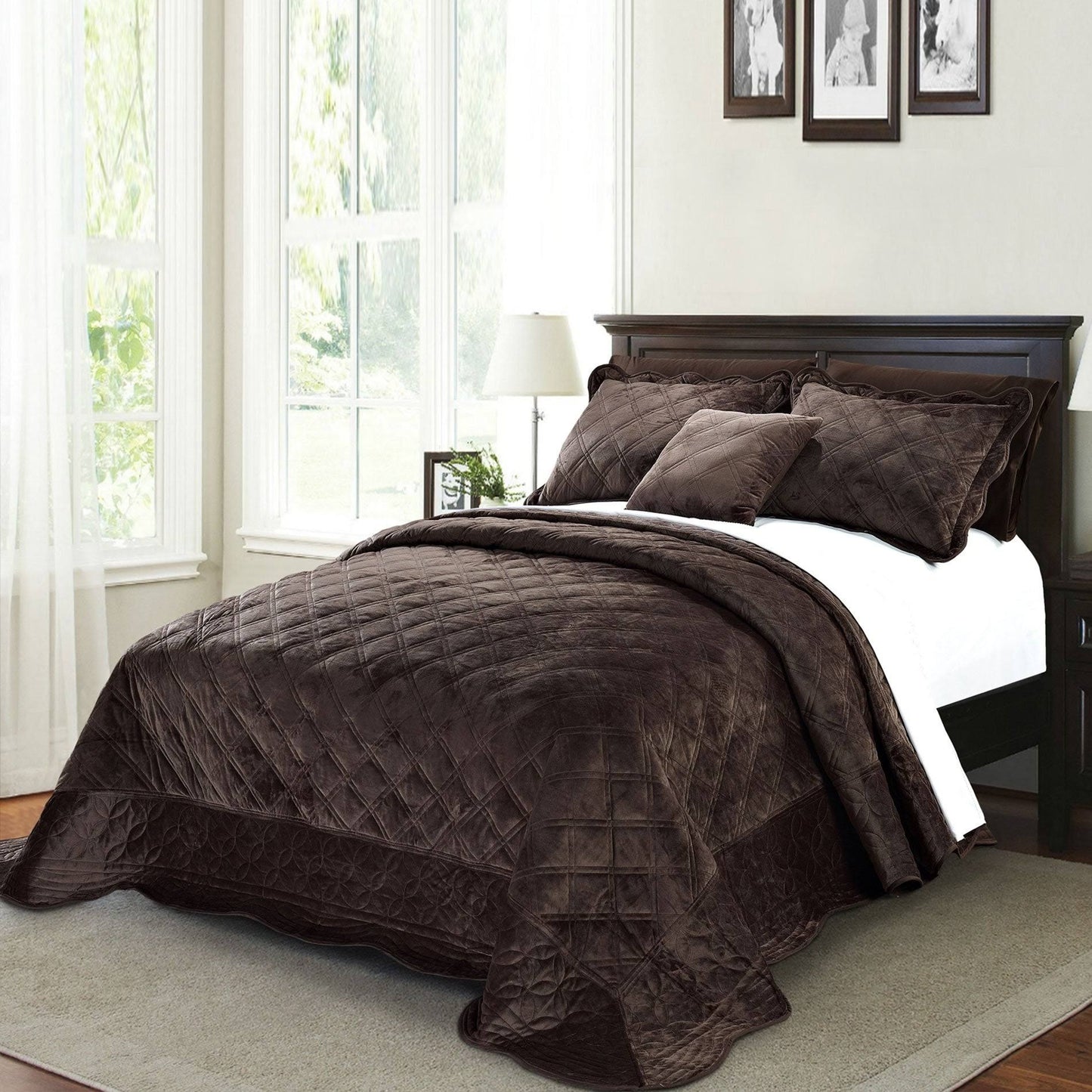 Serenta Supersoft Microplush Quilted 4 Pieces Bedspread Coverlet Set Chocolate Queen