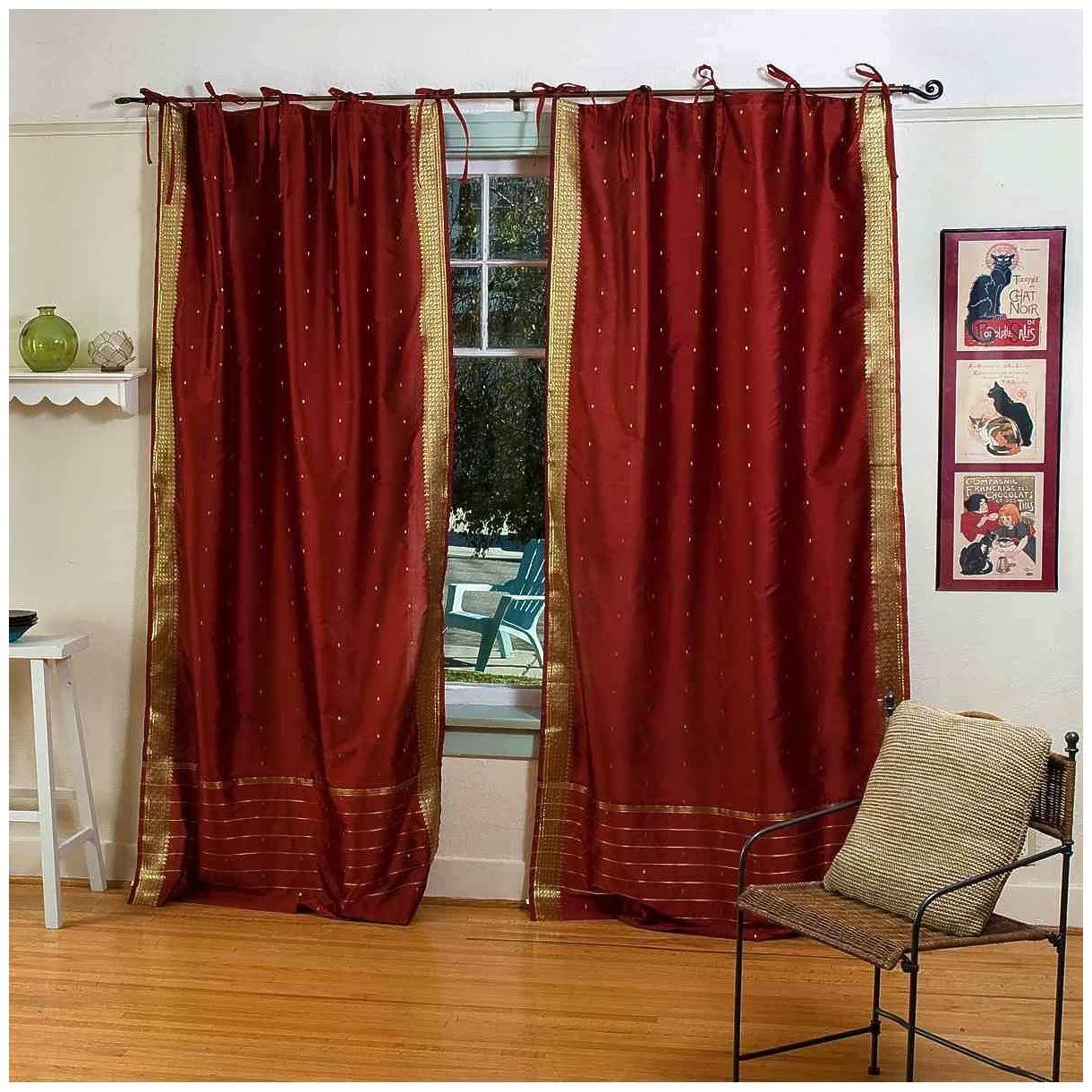 Rust Tie Top Sheer Sari Curtain / Drape / Panel - Pair