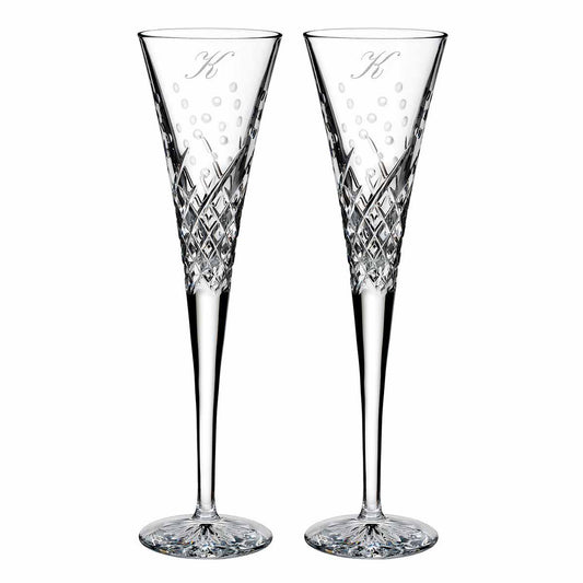 Waterford Wishes Happy Celebrations Script Letter Monogram Toasting Flutes, Set of 2 - K