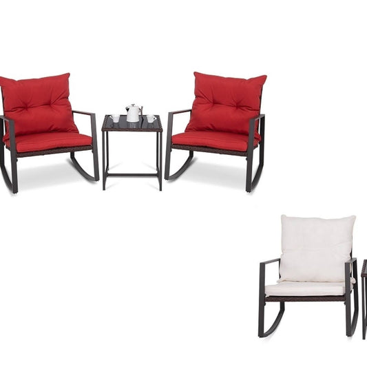 Costway 3-Piece Patio Wicker Bistro Furniture Set w/ 2 Rocking Chairs, Glass Side Table, Cushions - Red