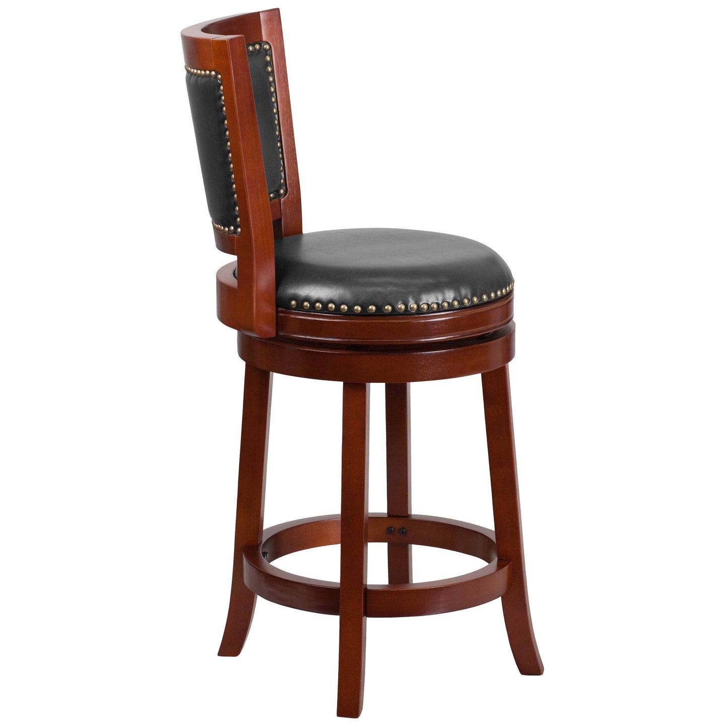 26 High Dark Cherry Wood Counter Height Stool with Open Panel Back and Walnut LeatherSoft Swivel Seat