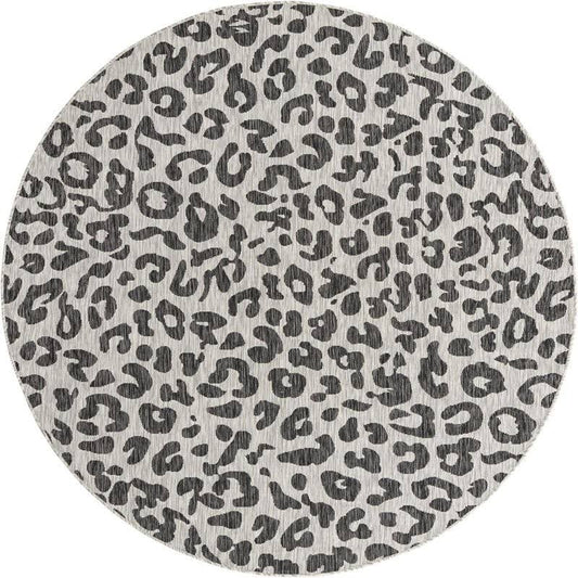 Unique Loom Outdoor Safari Leopard Area Rug 7 10 x 7 10 Round Black/Light Gray