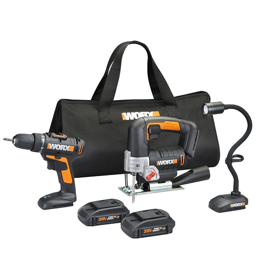 Worx WX958L 20V Li 3PC Combo w/ Drill, Jigsaw and Flex (Snake) Light