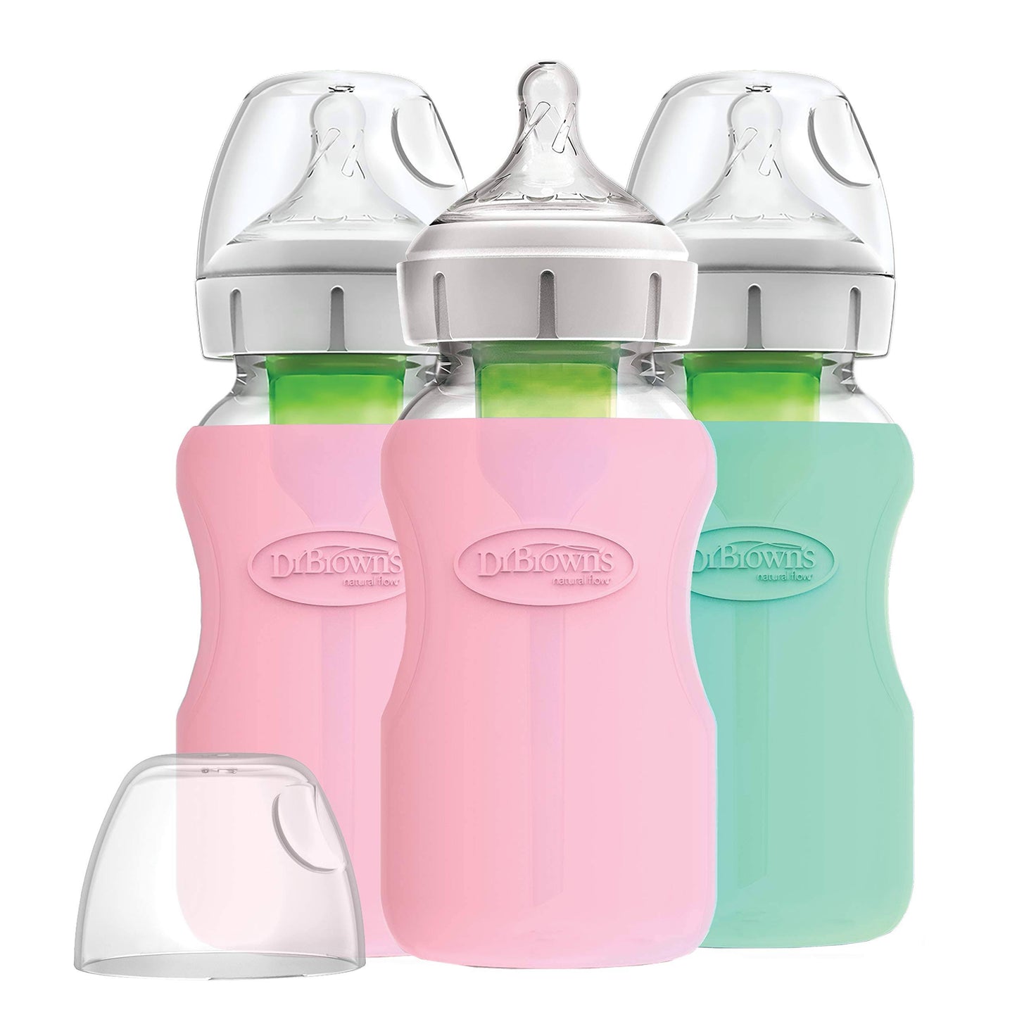 Dr. Browns Options+ Glass Wide-Neck Bottle with Silicone Sleeve, Pink, 9 Ounce