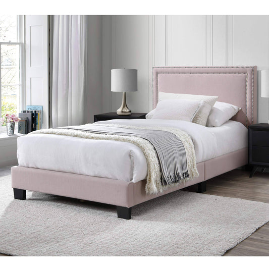 DG Casa Ocean Upholstered Platform Bed Frame with Nailhead Trim Headboard and Full Wooden Slats, Twin Size in Blush Fabric