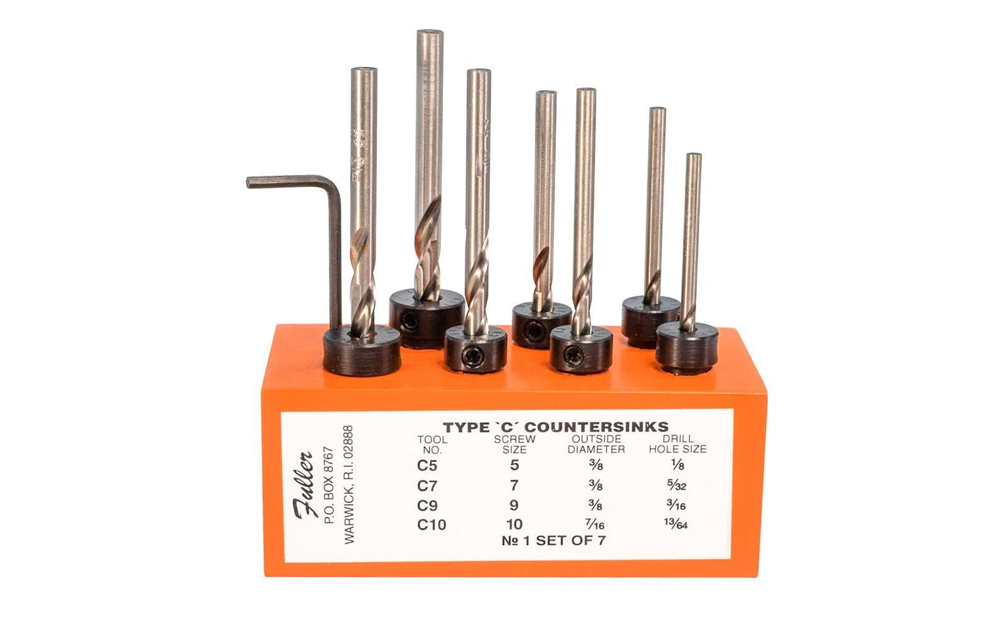 WL Fuller 1 Set of Countersinks with Taper Point Drills in Wood Block