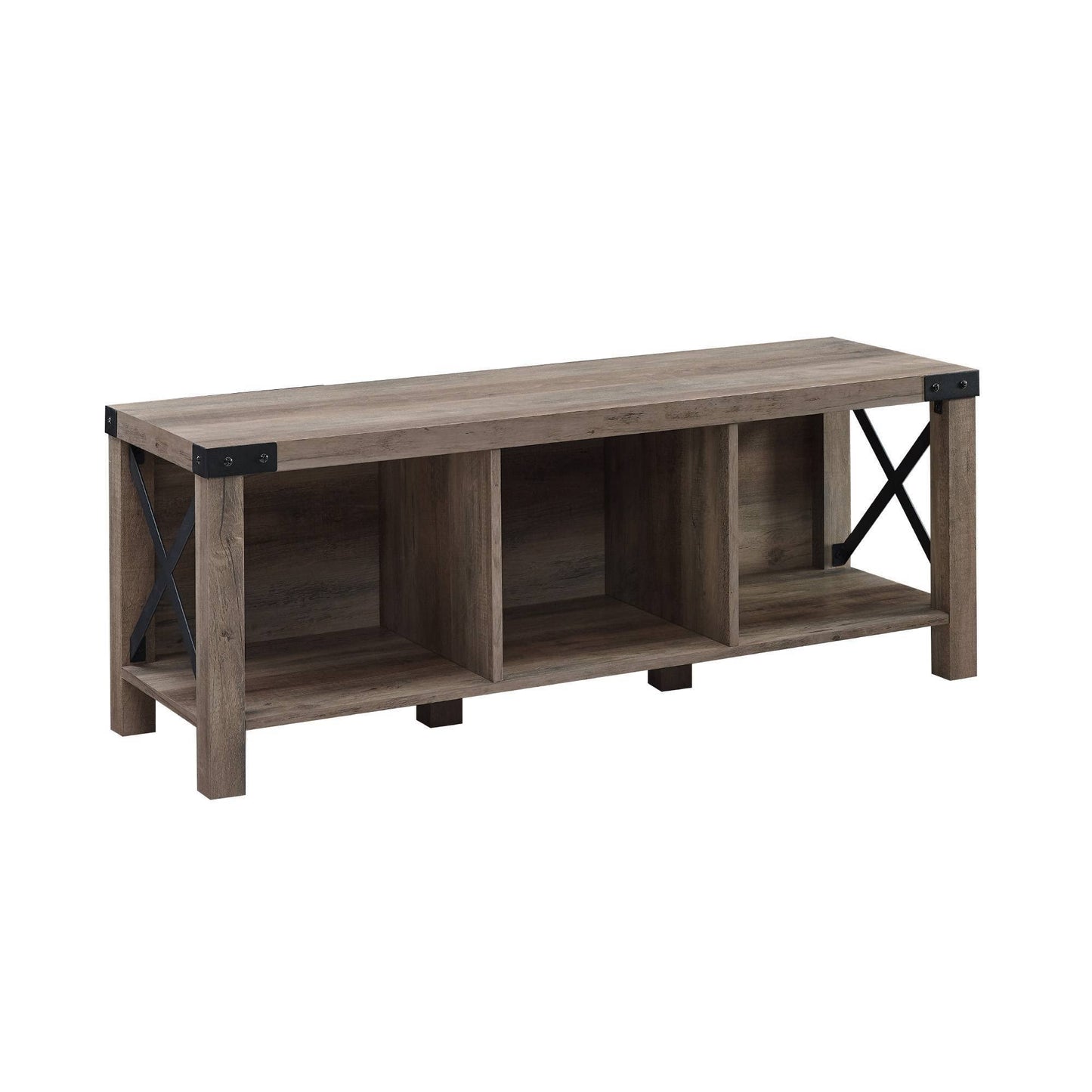 Sophie Rustic Farmhouse x Frame Entry Bench with 3 Cubbies Gray Wash - Saracina Home