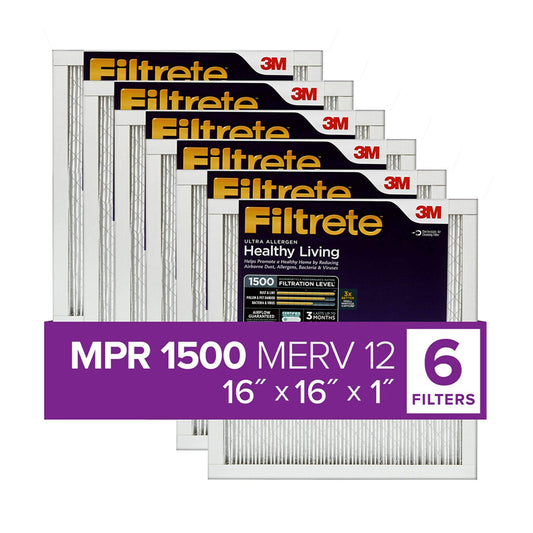 Filtrete 16x16x1, AC Furnace Air Filter, MPR 1500, Healthy Living Ultra Allergen, 6-Pack