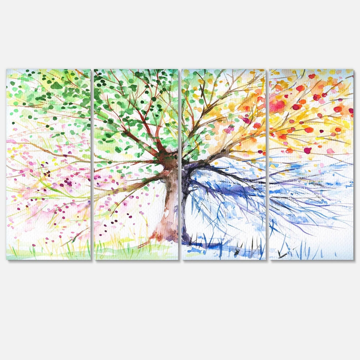 Designart Four Seasons Tree Floral Metal Wall Art - 48 in. Wide x 28 in. High - 4 Panels