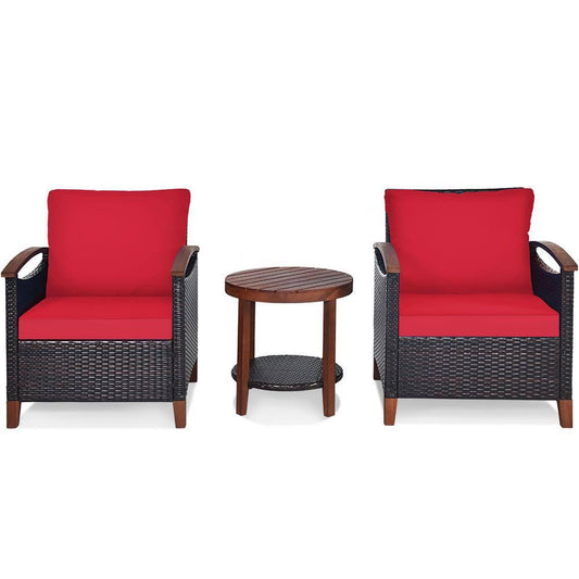 Costway 3-Piece Rattan Patio Furniture Set with Wood Frame in Red