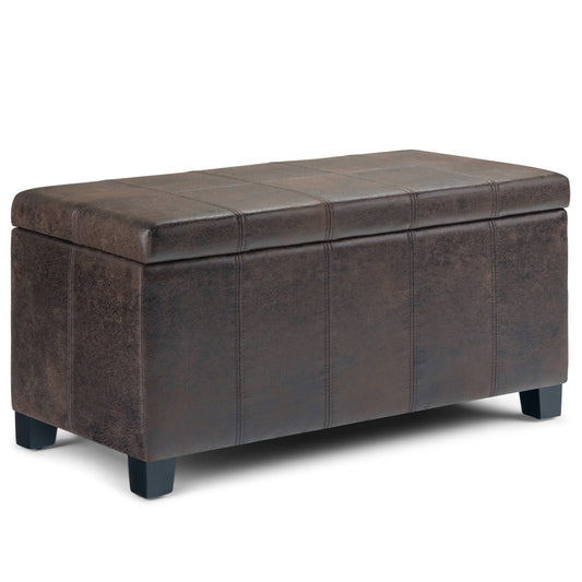 Simpli Home Dover Faux Leather Ottoman Storage Bench Distressed Brown