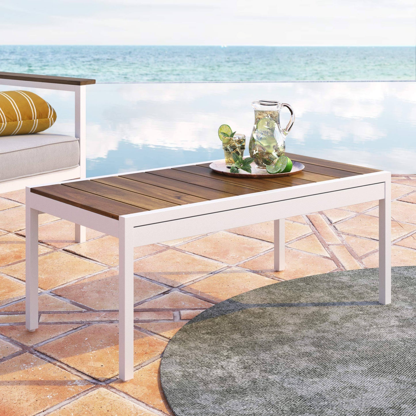 Zinus Pablo White Aluminum and Acacia Wood Outdoor Table with Waterproof Cover