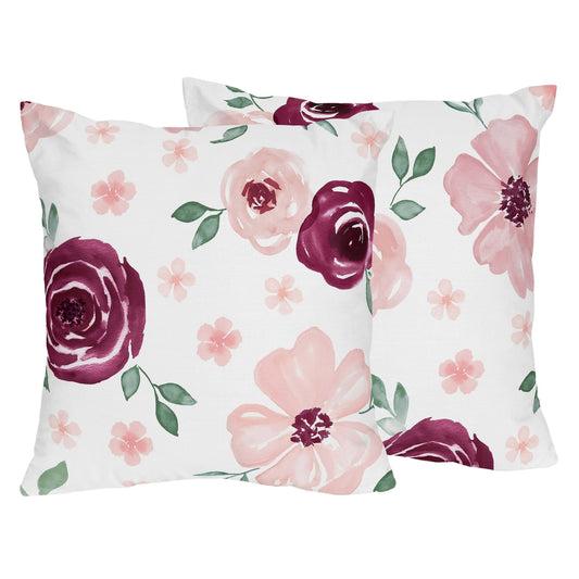 Sweet Jojo Designs Burgundy Watercolor Floral Decorative Accent Throw Pillows - Set of 2 - Blush Pink, Maroon, Wine, Rose, Green