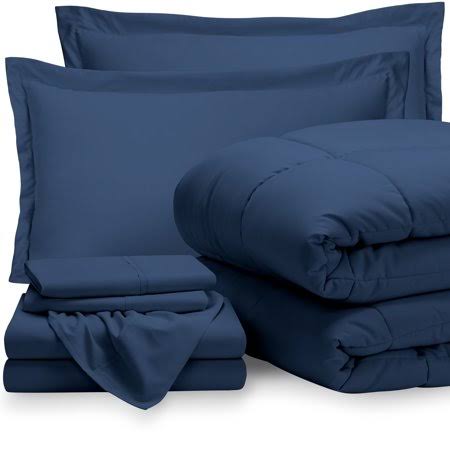 Bare Home 7-Piece Bed-in-a-Bag - Queen (comforter Set Dark Blue, Sheet Set Dark Blue)