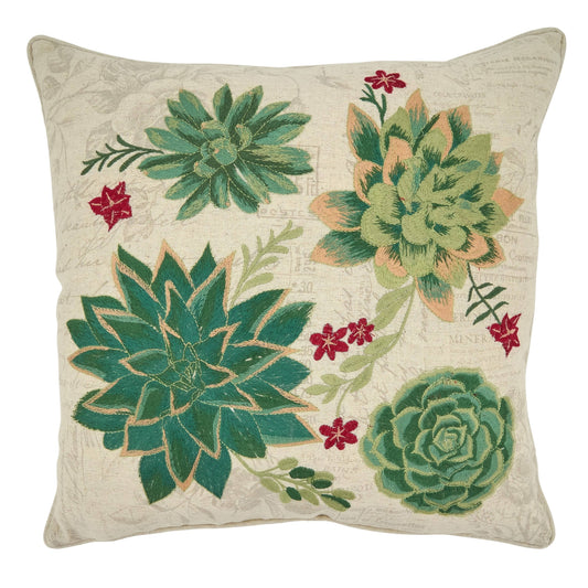 Saro 5235.M18SD 18 in. Square Down Filled Throw Pillow with Embroidered Succulents Design