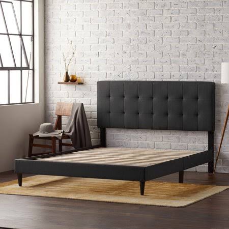 Rest Haven Upholstered Platform Bed Frame with Square Tufted Headboard, King, Charcoal