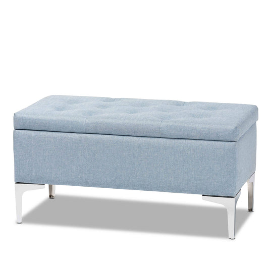 Baxton Studio Mabel Modern and Contemporary Transitional Fabric Upholstered and Silver Finished Metal Storage Ottoman Light Blue