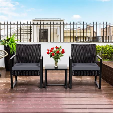 Yaheetech Set of 3 Wicker Chairs Table Modern PE Rattan Chair Balcony/Patio/Bistro Furniture Conversation Sets Including