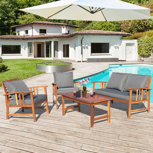 Costway 4pcs Wooden Patio Furniture Set Table Sofa Chair Cushioned Garden New