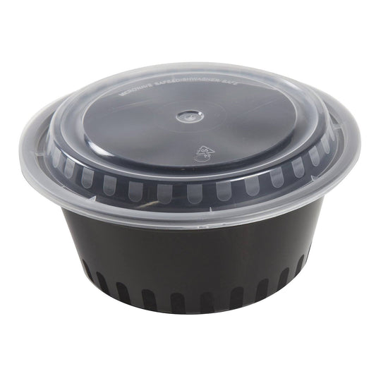 AmerCare 9 inch Round Black Plastic Container with Lid, 38oz. for Microwave or Freezer, Pack of 150