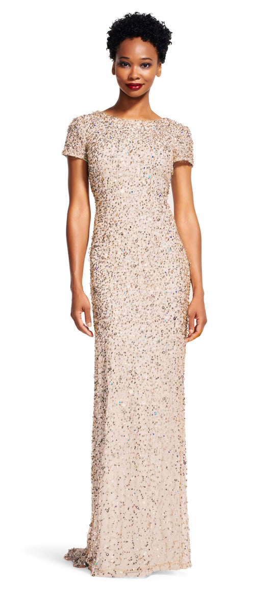 Adrianna Papell Petite Scoop Back Sequin Gown, Champagne, Size 18