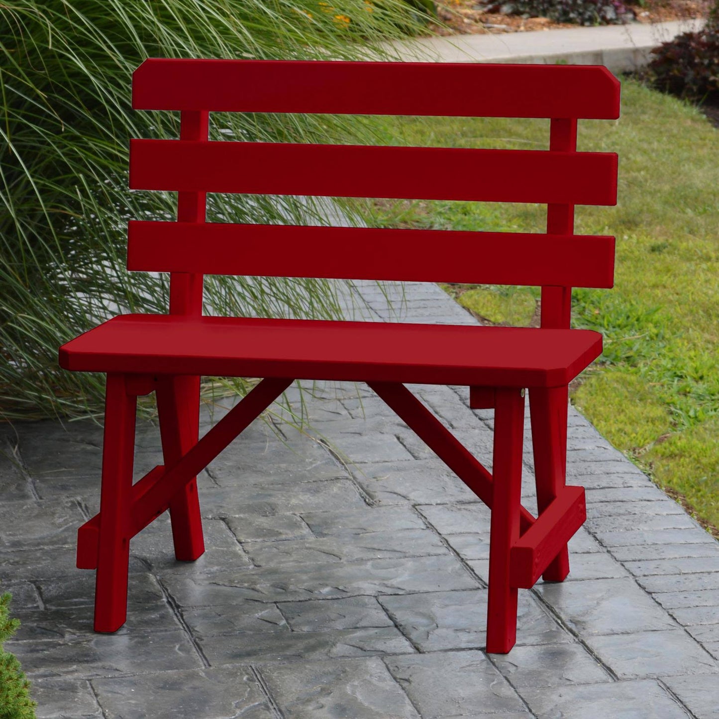 A L Furniture Yellow Pine Traditional Backed Bench, Red