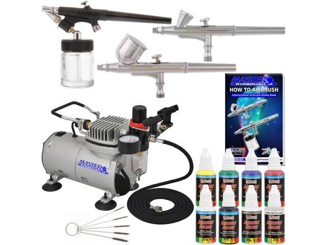 3 Airbrush Kit 6 Primary Colors Air Compressor Dual-Action Hobby Set,